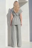 2 Piece Grey Short Sleeve Women's Linen Suits with Belt