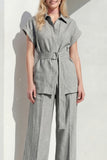 2 Piece Grey Short Sleeve Women's Linen Suits with Belt
