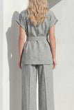 2 Piece Grey Short Sleeve Women's Linen Suits with Belt