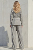Peaked Lapel 2 Piece Grey Plaid Women's Linen Suits with Sash