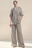 Notched Lapel 2 Piece Grey Women's Linen Suits with Half Sleeves