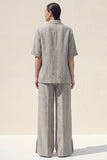 Notched Lapel 2 Piece Grey Women's Linen Suits with Half Sleeves
