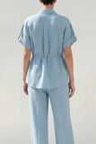 Blue 2 Piece Short Sleeve Women's Linen Suits