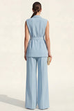 Blue 2 Piece Shawl Lapel Sleeveless Women's Linen Suits with Sash