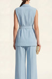 Blue 2 Piece Shawl Lapel Sleeveless Women's Linen Suits with Sash