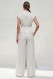 Notched Lapel White 2 Piece Stripe Women's Linen Suits
