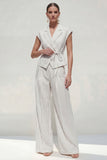 Notched Lapel White 2 Piece Stripe Women's Linen Suits