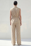 2 Piece Khaki Polka Dot Sleeveless Women's Linen Suits