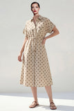 Polka Dot A Line Khaki Midi Work Dress with Short Sleeves