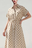Polka Dot A Line Khaki Midi Work Dress with Short Sleeves