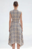 Plaid A Line Grey Grid Bateau Neck Midi Work Dress