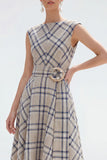 Plaid A Line Grey Grid Bateau Neck Midi Work Dress