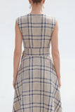 Plaid A Line Grey Grid Bateau Neck Midi Work Dress