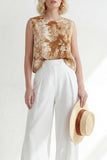 2 Piece Blue Printed Sleeveless Women's Linen Suits