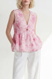 Pink 2 Piece Printed Sleeveless Women's Linen Suits
