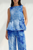2 Piece Blue Bateau Neck Printed Women's Linen Suits