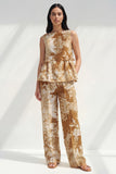 2 Piece Blue Bateau Neck Printed Women's Linen Suits