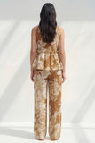 2 Piece Blue Bateau Neck Printed Women's Linen Suits