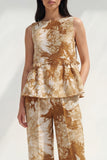 2 Piece Blue Bateau Neck Printed Women's Linen Suits