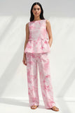 2 Piece Blue Bateau Neck Printed Women's Linen Suits