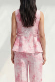 2 Piece Blue Bateau Neck Printed Women's Linen Suits