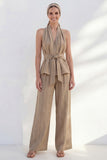 Khaki Halter 2 Piece Women's Linen Suits with Sash
