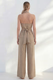 Khaki Halter 2 Piece Women's Linen Suits with Sash