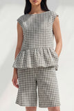 Plaid BLack White Grid 2 Piece Women's Linen Suits with Ruffles