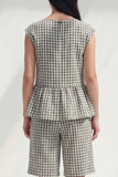 Plaid BLack White Grid 2 Piece Women's Linen Suits with Ruffles