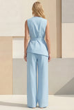 2 Piece Blue Women's Linen Suits with Sash