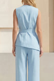 2 Piece Blue Women's Linen Suits with Sash