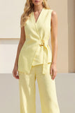 2 Piece Blue Women's Linen Suits with Sash