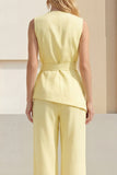 2 Piece Blue Women's Linen Suits with Sash