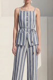 Stripe Dusty Blue 2 Piece Women's Linen Suits with Sash