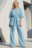 Yellow 2 Piece Half Sleeve Women's Linen Suits with Sash