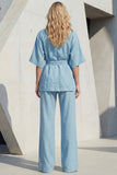 Yellow 2 Piece Half Sleeve Women's Linen Suits with Sash