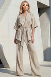 Yellow 2 Piece Half Sleeve Women's Linen Suits with Sash