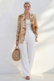 Blue 2 Piece Notched Lapel Printed Women's Linen Suits