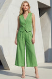 Green 2 Piece Sleeveless V Neck Women's Linen Suits