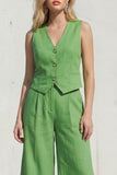 Green 2 Piece Sleeveless V Neck Women's Linen Suits