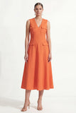A Line Orange V Neck Sleeveless Midi Work Dress