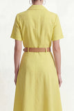 Yellow A Line Short Sleeve Midi Work Dress with Belt