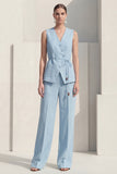 Blue 2 Piece Sleeveless Women's Linen Suits with Pockets