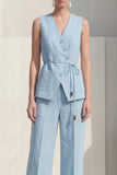 Blue 2 Piece Sleeveless Women's Linen Suits with Pockets