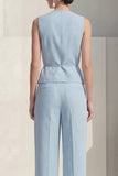 Blue 2 Piece Sleeveless Women's Linen Suits with Pockets