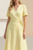 Short Sleeve Light Yellow A Line Midi Work Dress with Belt