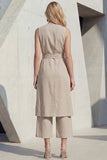 Khaki 2 Piece Sleeveless Women's Linen Suits with Sash