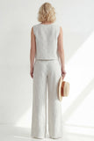 White 2 Piece Sleeveless Stripe Women's Linen Suits