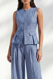 Dark Blue 2 Piece Stripe Sleeveless Women's Linen Suits