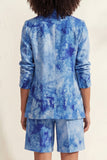 Notched Lapel Blue 2 Piece Printed Women's Linen Suits